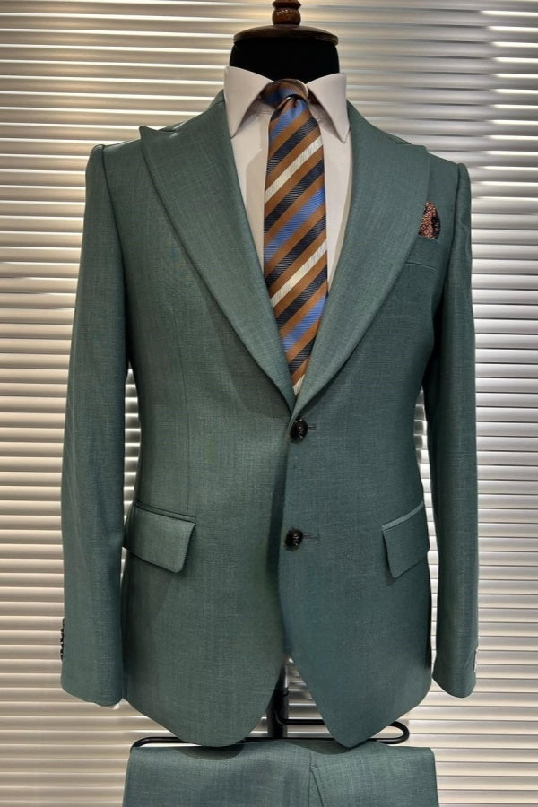 Stylish Greyish-green Peaked Lapel Handsome Business Suits