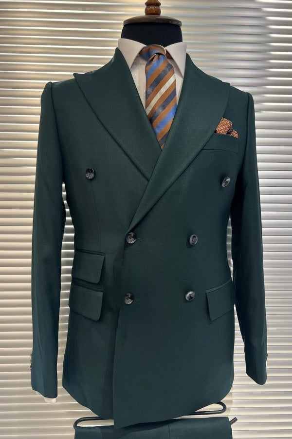 Classical Dark Green Double Breasted Peaked Lapel Business Suits