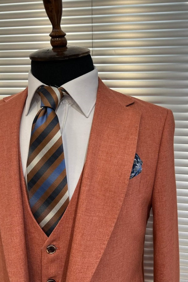 Fancy Terracotta 3 Pieces Notched Lapel Business Suits