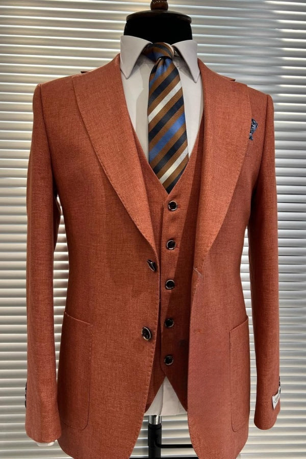 Fancy Terracotta 3 Pieces Notched Lapel Business Suits