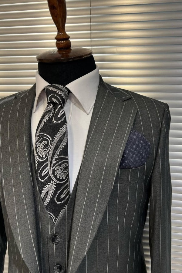 Formal Gray Striped Notched Lapel 3 Pieces Business Men Suit