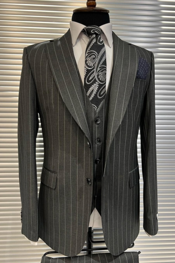 Formal Gray Striped Notched Lapel 3 Pieces Business Men Suit