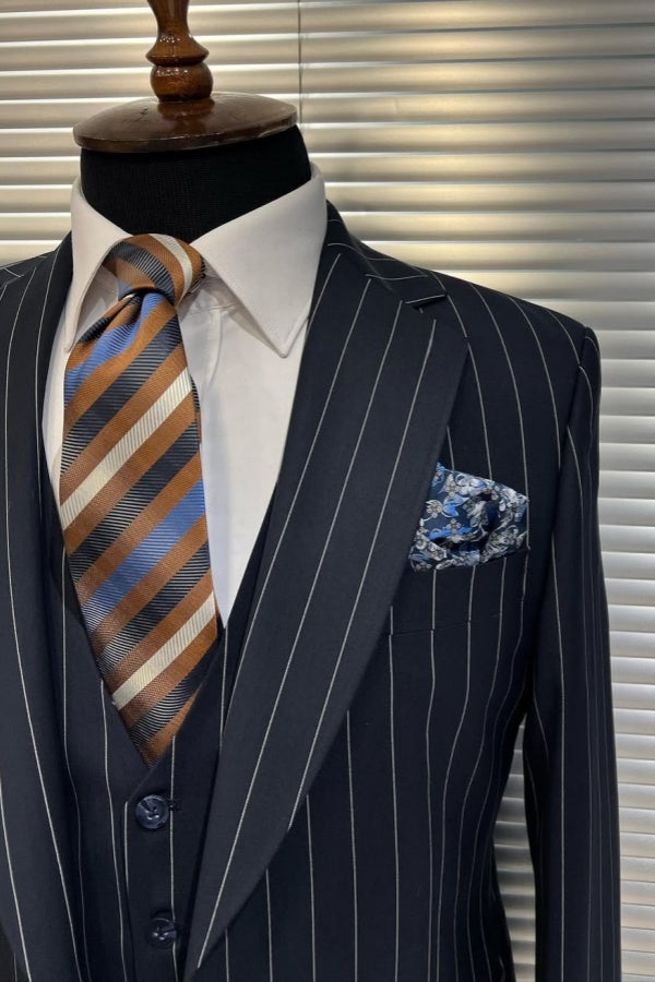 Modern Navy Striped Notched Lapel 3 Pieces Business Men Suit