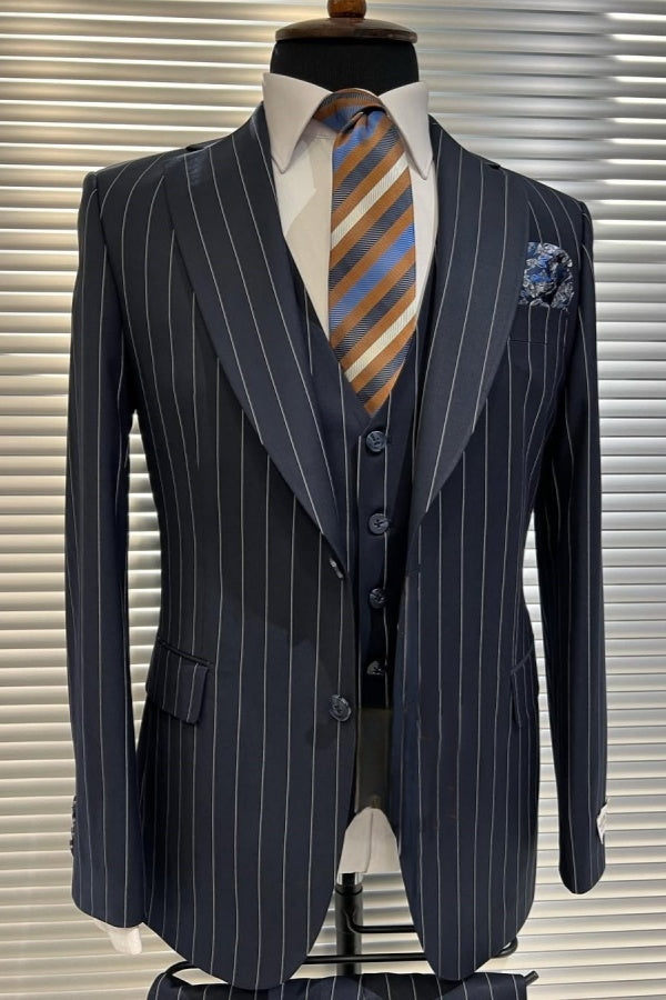 Modern Navy Striped Notched Lapel 3 Pieces Business Men Suit