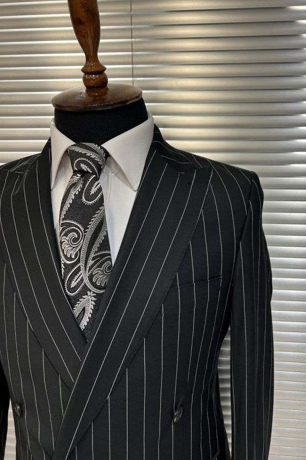 Classic Black Double Breasted Striped Peaked Lapel Business Men Suit
