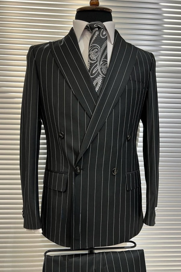 Classic Black Double Breasted Striped Peaked Lapel Business Men Suit