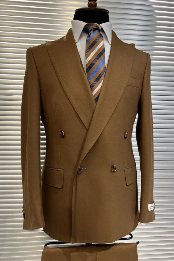Modern Brown Double Breasted Peaked Lapel Business Men Suit