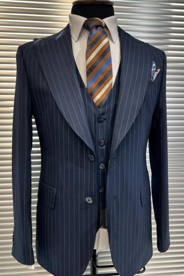 Dark Blue Bespoke Striped 3 Pieces Peaked Lapel Business Suits