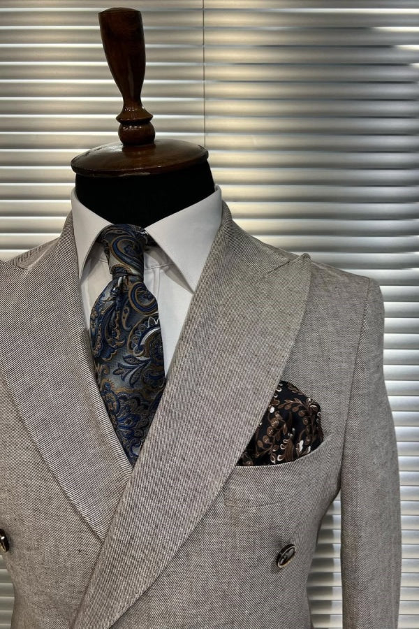 Taupe Double Breasted Peaked Lapel Business Suits