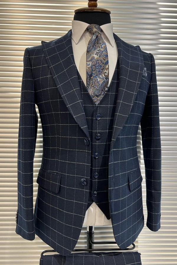 3 Pieces Dark Blue Plaid Peaked Lapel Business Suits