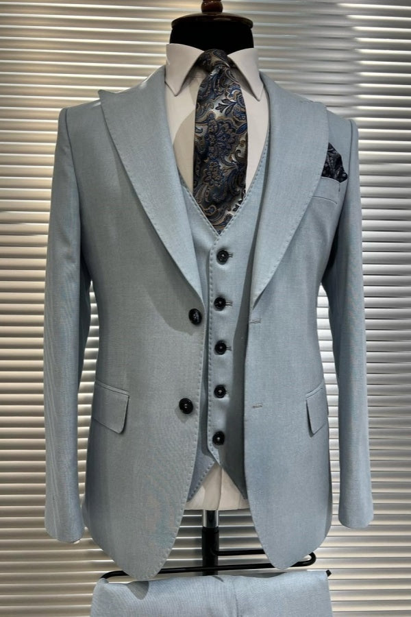 Elegant Sky Blue Peaked Lapel 3 Pieces Business Suits
