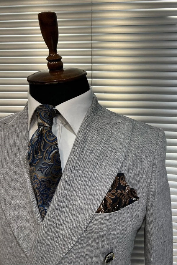 Gray Herringbone Peaked Lapel Double Breasted Business Men Suits