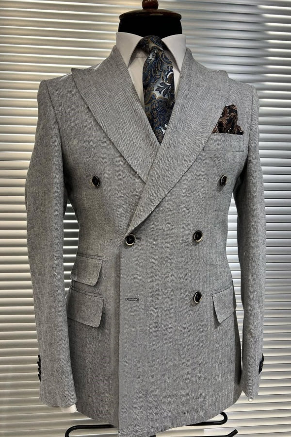 Gray Herringbone Peaked Lapel Double Breasted Business Men Suits