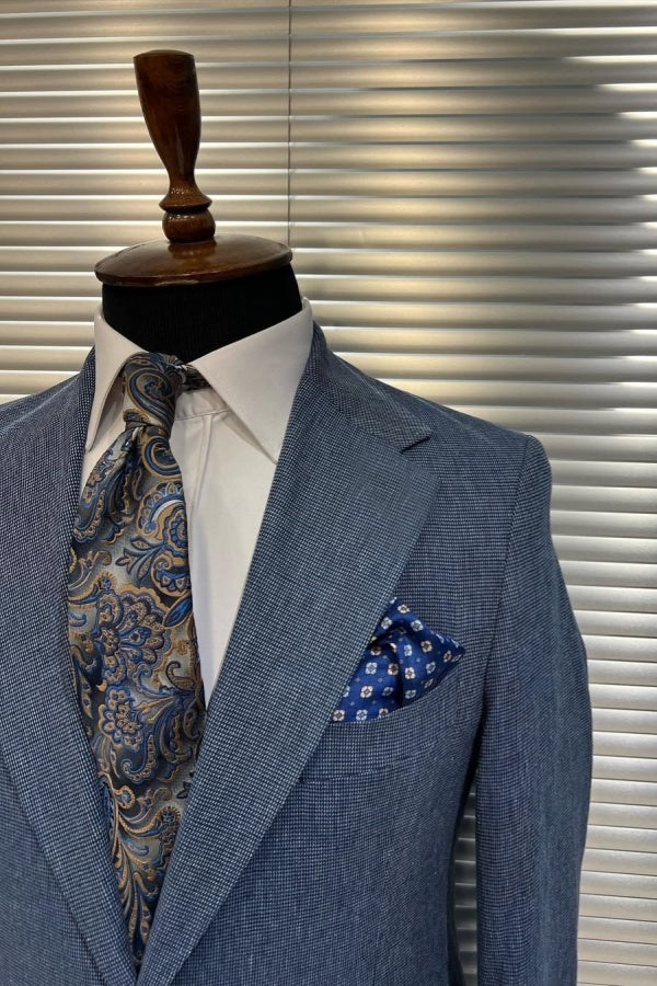 Slate Blue Peaked Lapel Plaid Business Men Suits