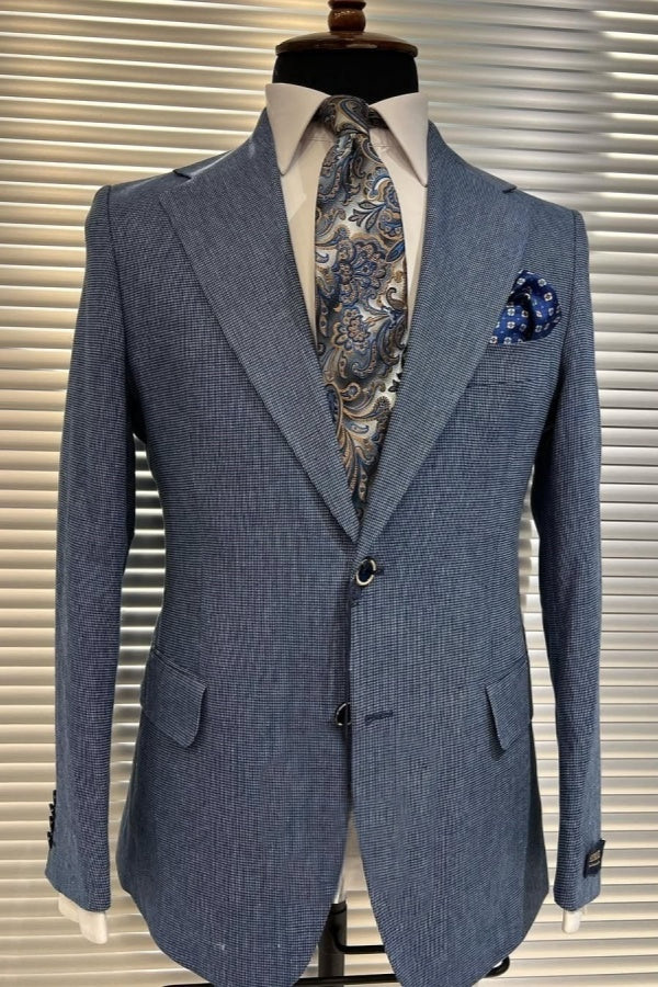 Slate Blue Peaked Lapel Plaid Business Men Suits
