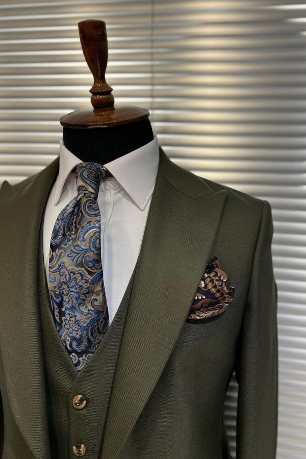 Formal Olive Green Peaked Lapel Business Men Suits