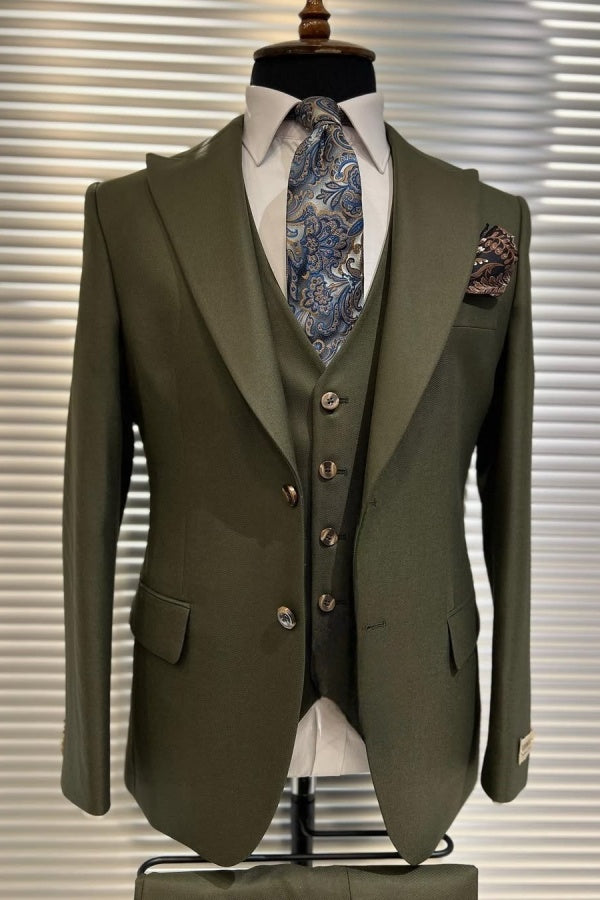 Formal Olive Green Peaked Lapel Business Men Suits