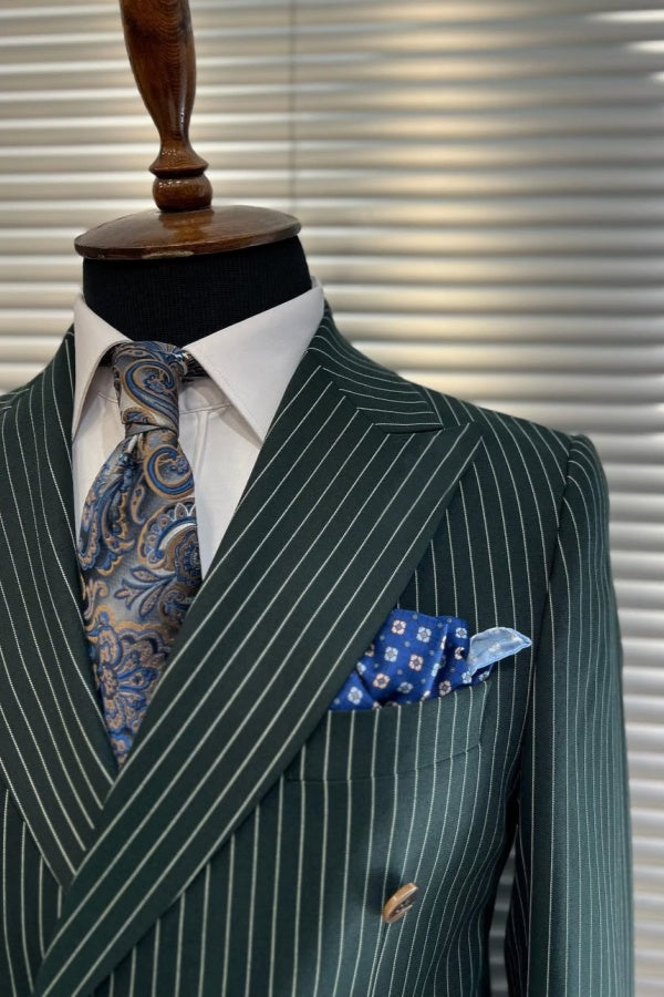 Forest Green Striped Peaked Lapel Double Breasted Business Suits