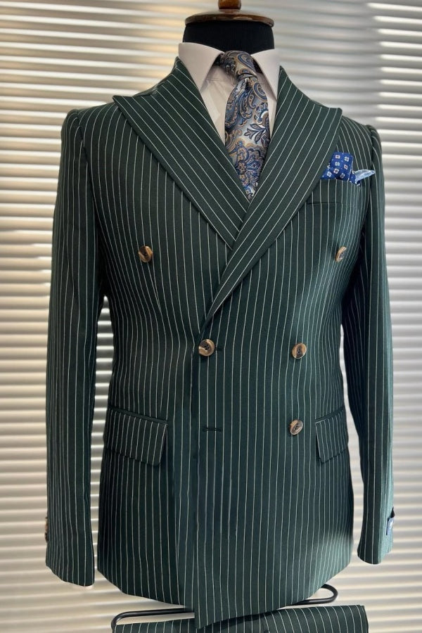 Forest Green Striped Peaked Lapel Double Breasted Business Suits