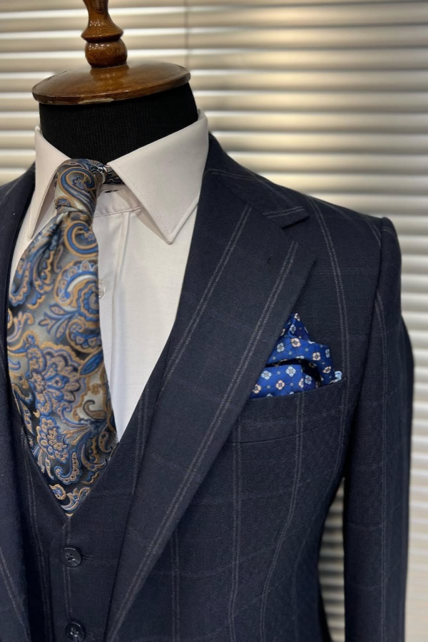 Navy Windowpane Plaid 3 Piece Business Men Suit