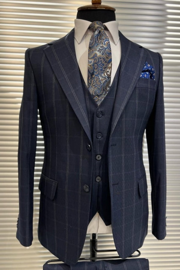 Navy Windowpane Plaid 3 Piece Business Men Suit
