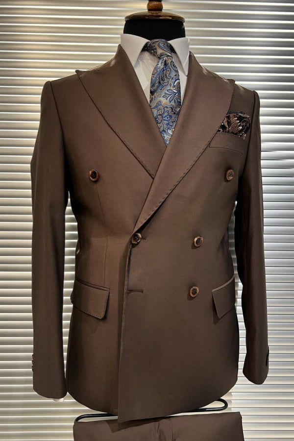 Popular Brown Peaked Lapel Double Breasted Business Men Suits