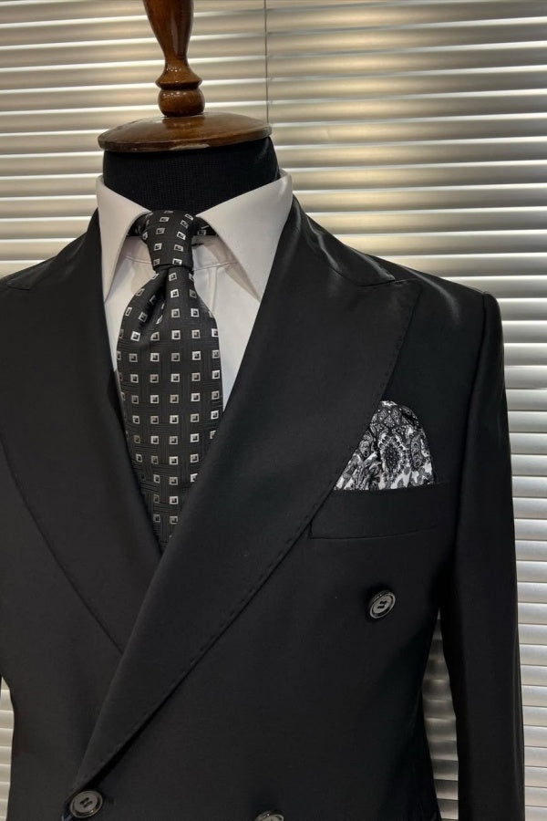 Formal Black Double Breasted Peak Lapel Suit For Men