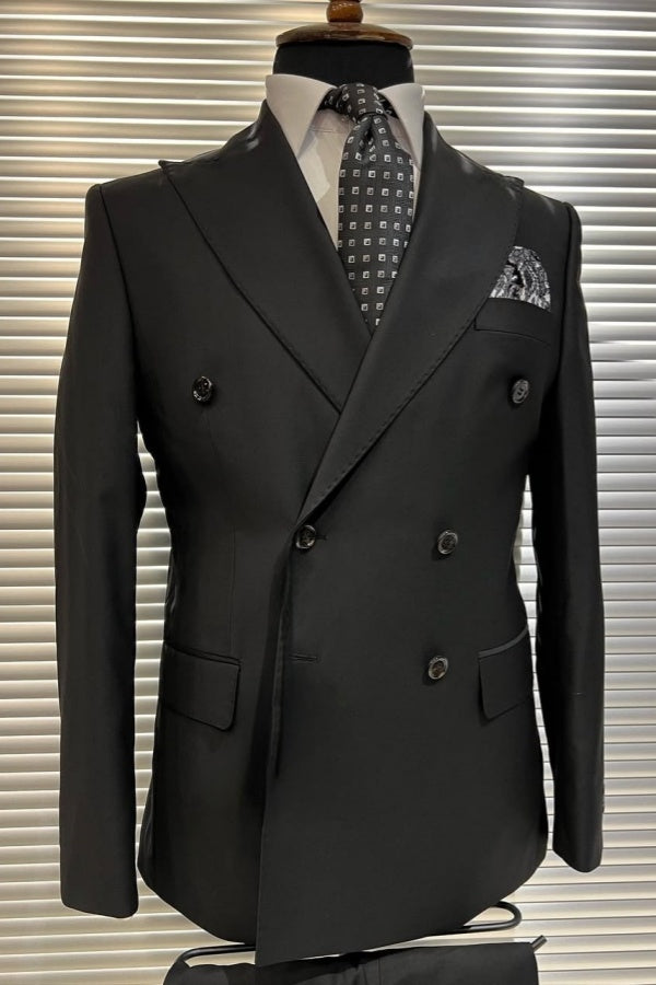 Formal Black Double Breasted Peak Lapel Suit For Men