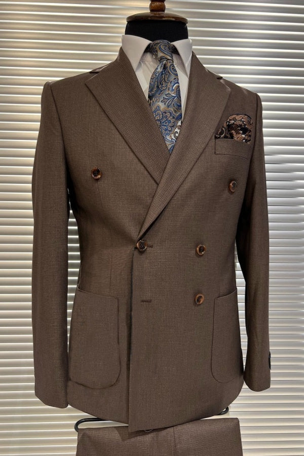 Bespoke Brown Double Breasted Notched Lapel Close Fitting Suit For Men