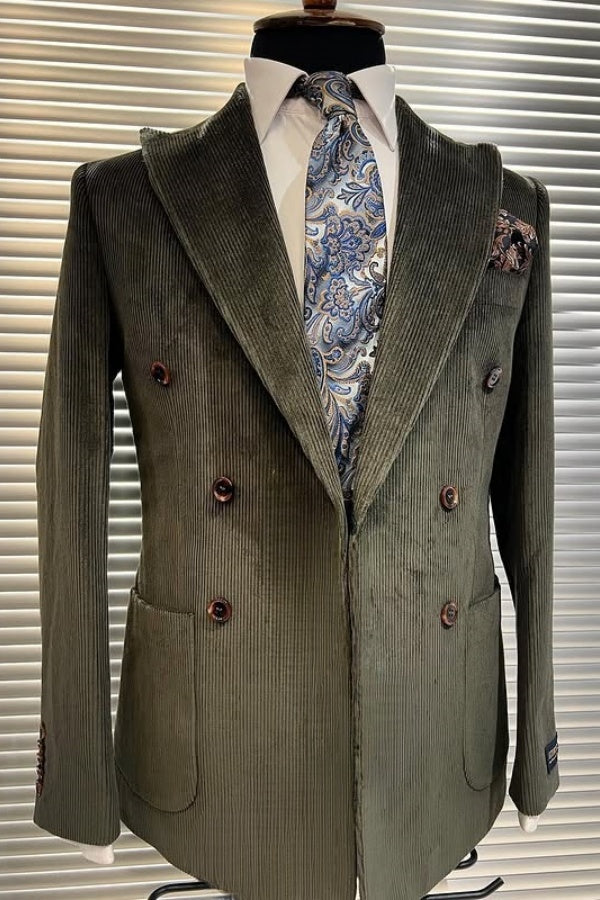 Trendy Dark Olive Corduroy Double Breasted Peaked Lapel Business Suit