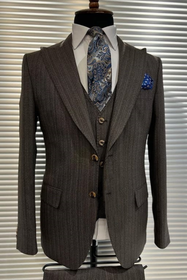 Brown Pinstripe Peaked Lapel 3 Piece Business Men Suit