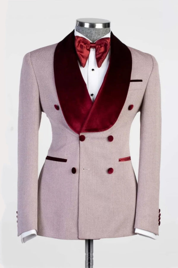 Pink Stylish Burgundy Velvet Shawl Lapel Double Breasted Wedding Suits