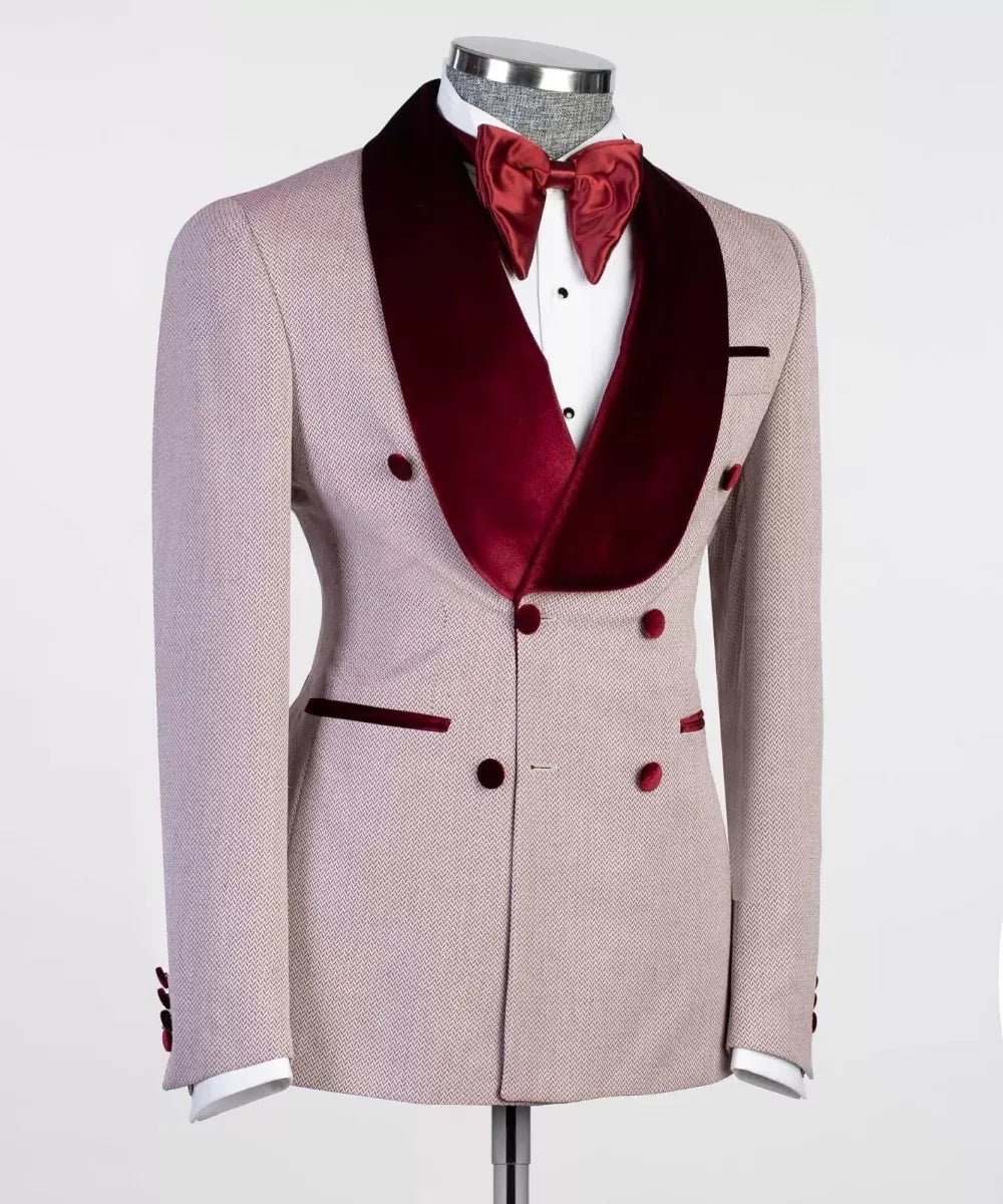 Pink Stylish Burgundy Velvet Shawl Lapel Double Breasted Wedding Suits