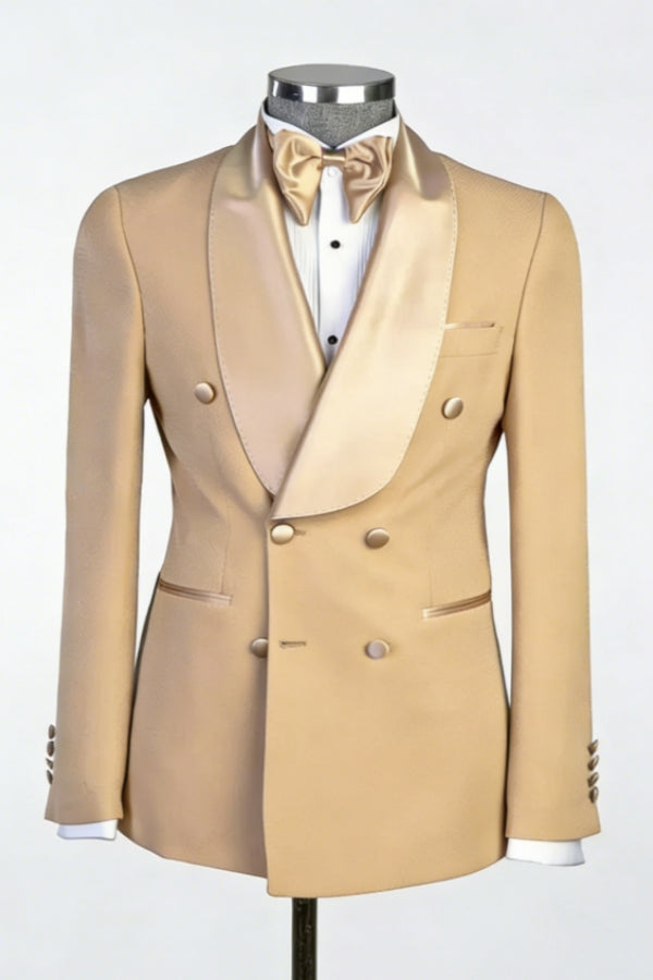 Bespoke Light Khaki Satin Shawl Lapel Slim Fit Wedding Suits