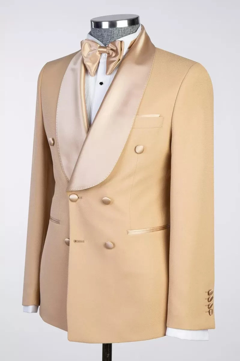 Bespoke Light Khaki Satin Shawl Lapel Slim Fit Wedding Suits