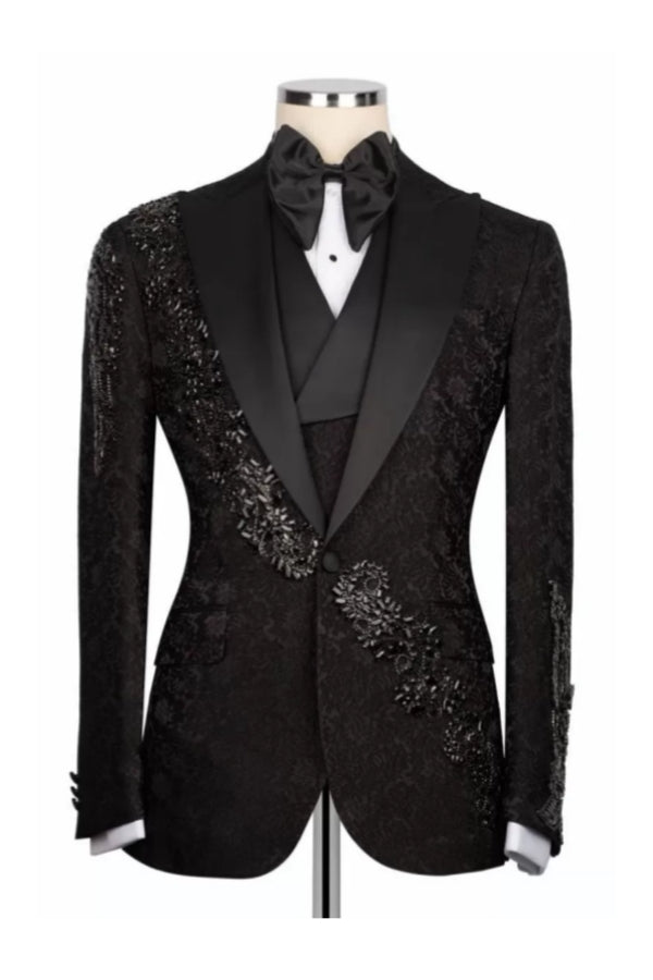 3 Pieces Black Crystal Appliques Jacquard Peaked Lapel Prom Suit