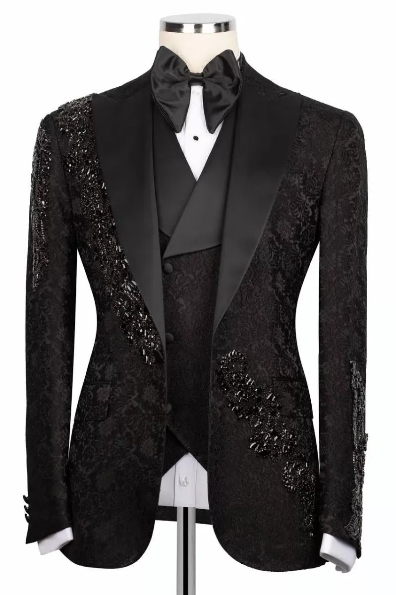3 Pieces Black Crystal Appliques Jacquard Peaked Lapel Prom Suit