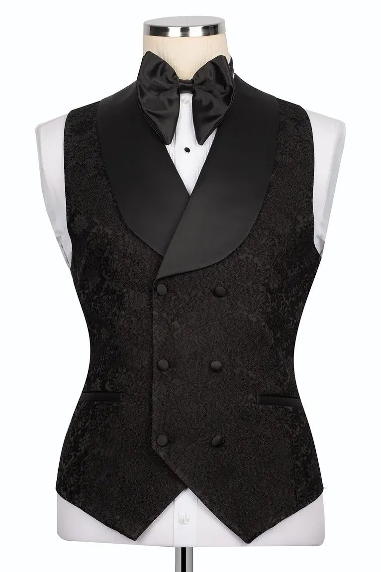 3 Pieces Black Crystal Appliques Jacquard Peaked Lapel Prom Suit
