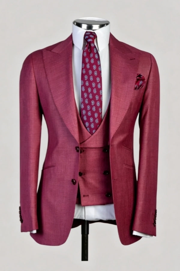 Glamorous Magenta 3 Pieces Peaked Lapel Prom Suits