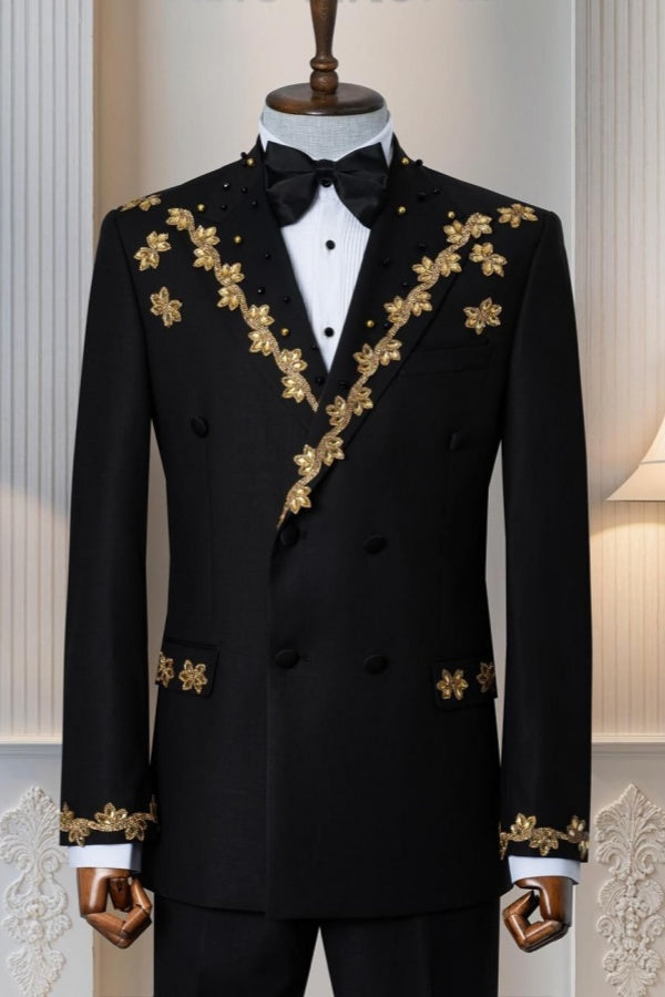 Chic Black Double Breasted Appliques Prom Suits With Beadings