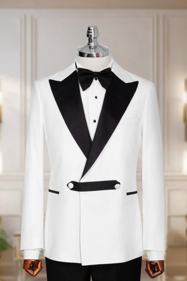 Bespoke White Double Breasted Peaked Lapel Prom Men Suits