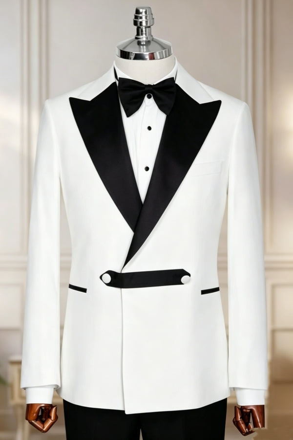 Bespoke White Double Breasted Peaked Lapel Prom Men Suits