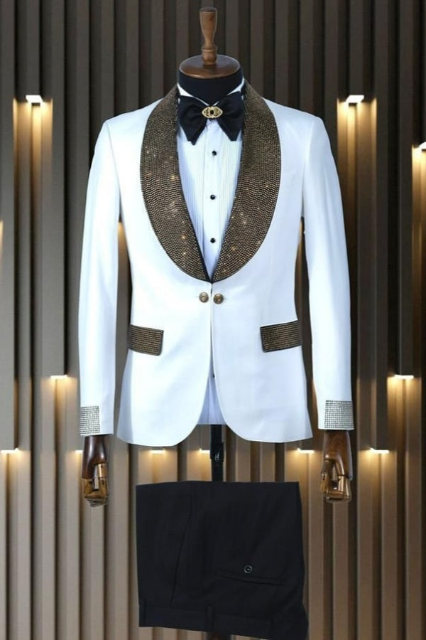 Stylish White Double Breasted Shawl Lapel Prom Suits With Beadings