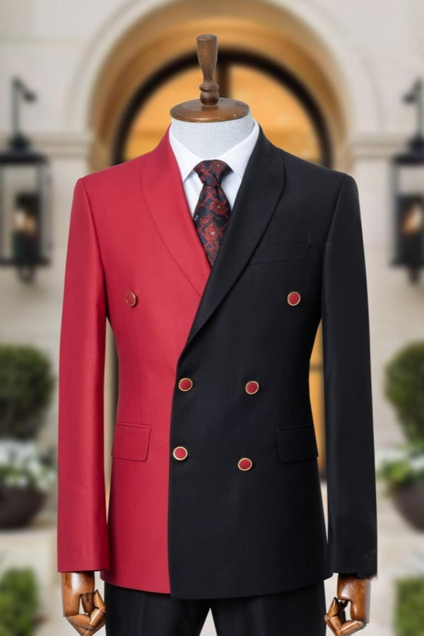Trendy Red And Black Double Breasted Shawl Lapel Prom Suits