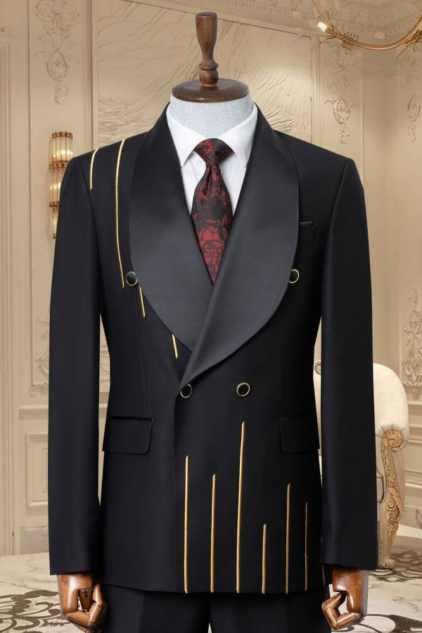 Modern Black Double Breasted Shawl Lapel Prom Men Suits