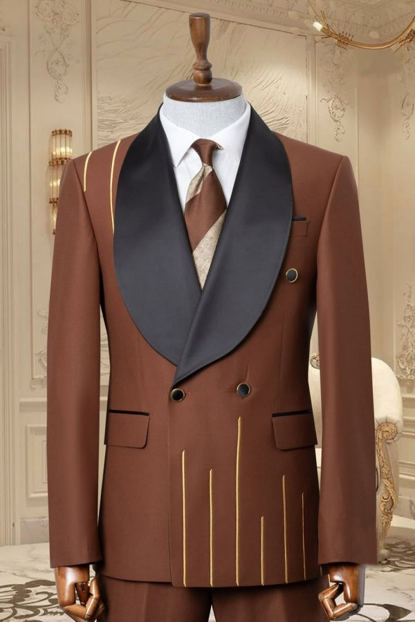Fashion Dark Brown Double Breasted Shawl Lapel Prom Suits
