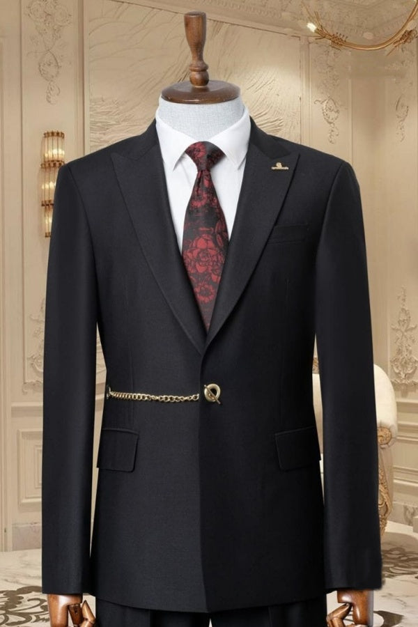 Modern Black Peaked Lapel Prom Suits With Metal Belt