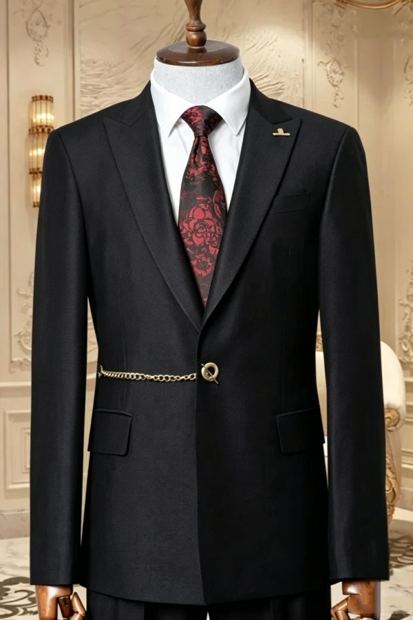 Modern Black Peaked Lapel Prom Suits With Metal Belt