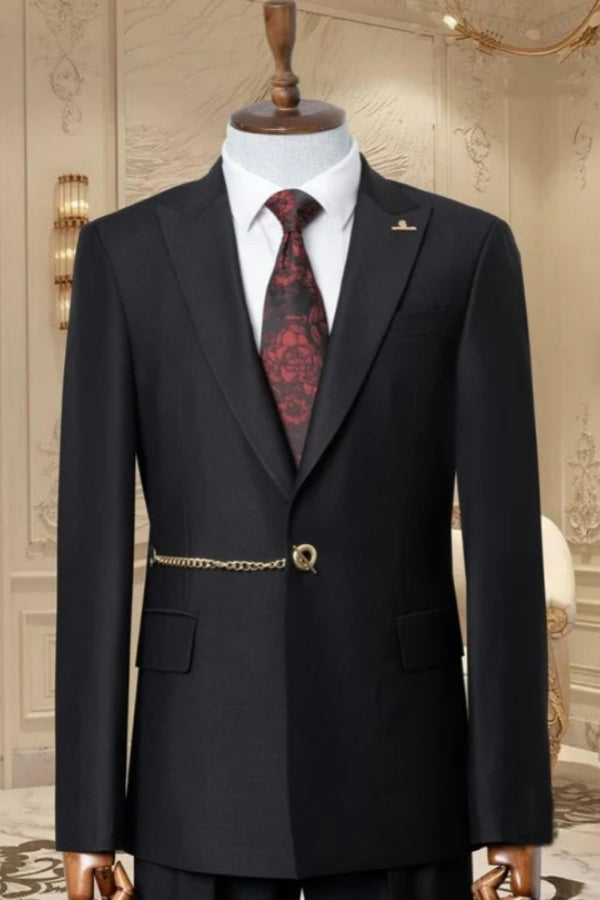 Modern Black Peaked Lapel Prom Suits With Metal Belt