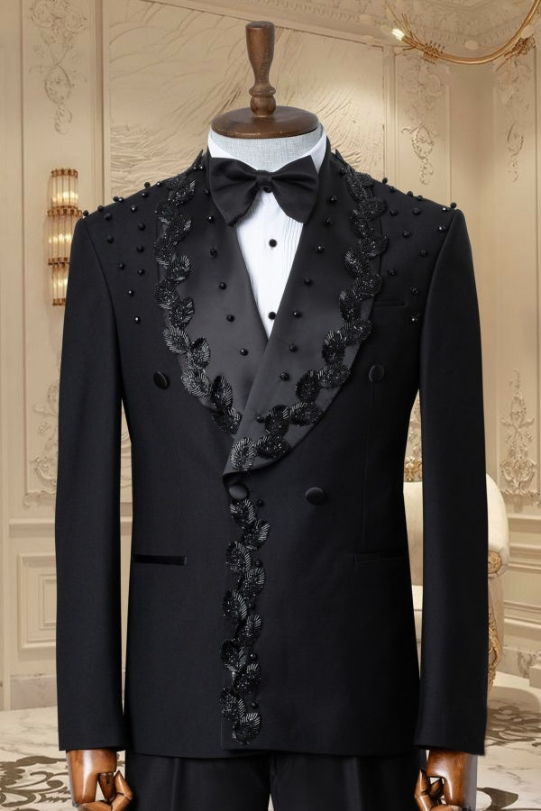 New Arrival Black Double Breasted Appliques Beadings Prom Suits